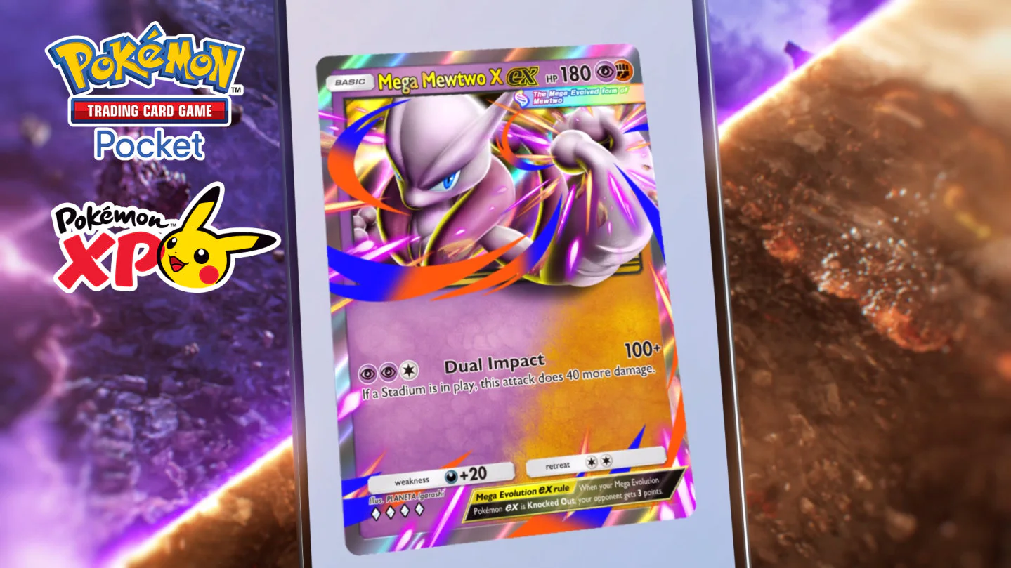 Mega Mewtwo X ex, a dual Psychic- and Fighting-type card with the Dual Impact attack, shown on a phone screen beside the Pokémon TCG Pocket and PokémonXP logos