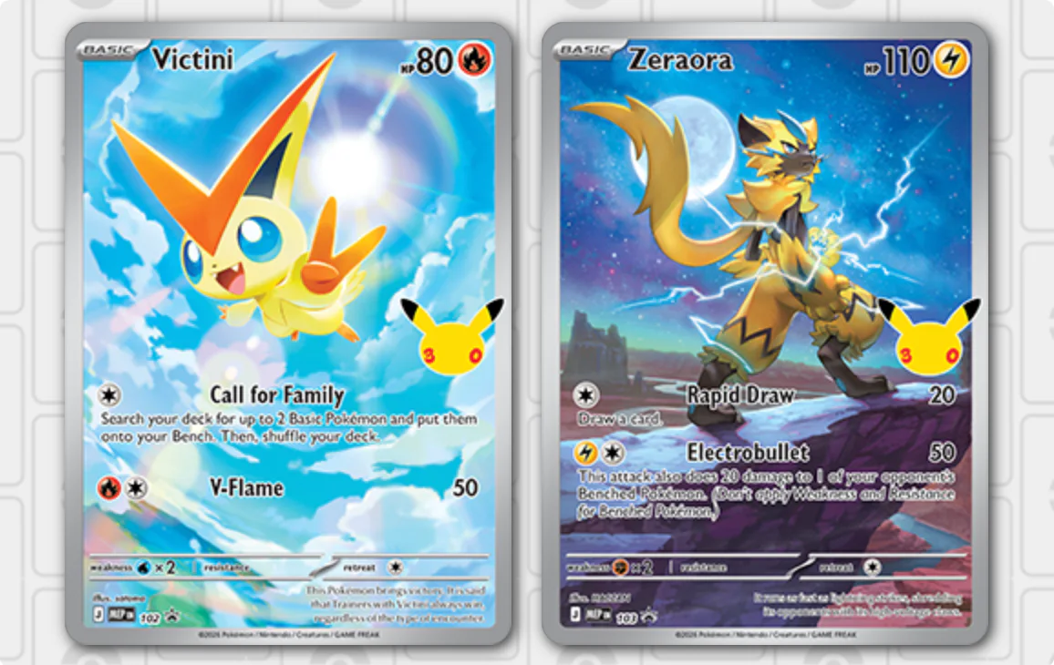 Victini and Zeraora Pokémon cards from the Espeon ex & Umbreon ex Battle Decks