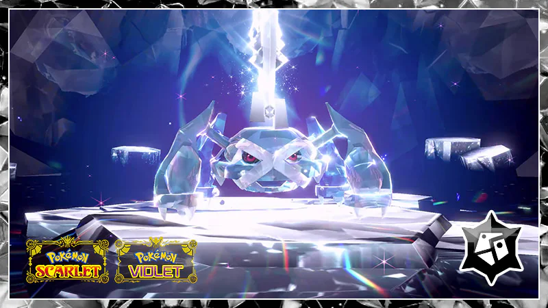 Metagross with a glowing Steel Tera crystal crown stands on a crystalline platform in a Tera Raid Battle, beside the Pokémon Scarlet and Pokémon Violet logos