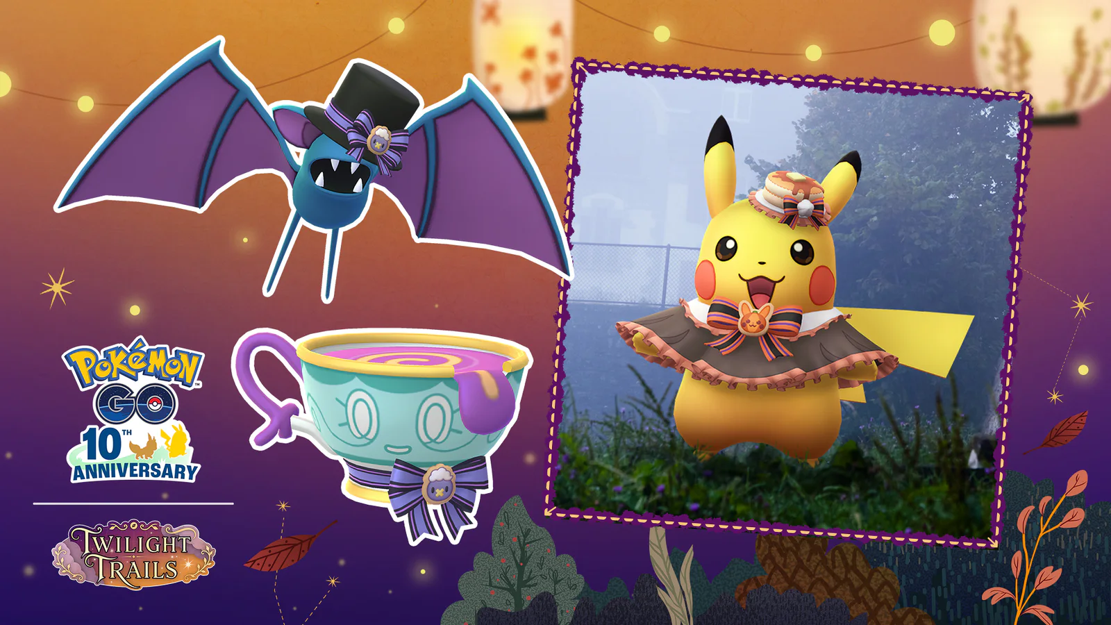 Pokémon GO Halloween 2026 artwork showing Zubat in a top hat, Sinistea in a bow and Pikachu in a hat and capelet against an orange and purple autumn backdrop