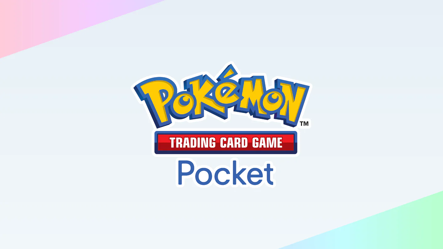 The Pokémon Trading Card Game Pocket logo, with the yellow Pokémon wordmark and red Trading Card Game banner, centered on a soft pastel gradient background