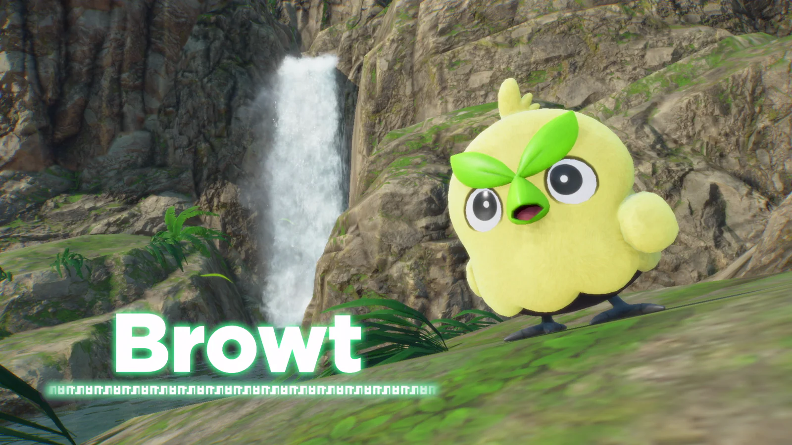 Browt, the yellow Grass-type Bean Chick Pokémon with a green leaf brow, standing on a mossy rock beside a waterfall in Pokémon Winds and Pokémon Waves