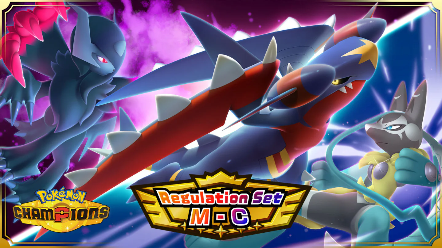 Mega Absol Z, Mega Garchomp Z and Mega Lucario Z in action above the Regulation Set M-C badge and Pokémon Champions logo